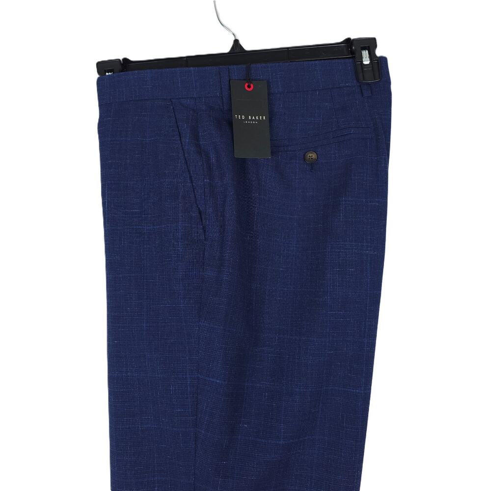 Ted Baker Mens Slim Fit Dress Pants 38x30 Dark Blue Windowpane Wool Blend NWT